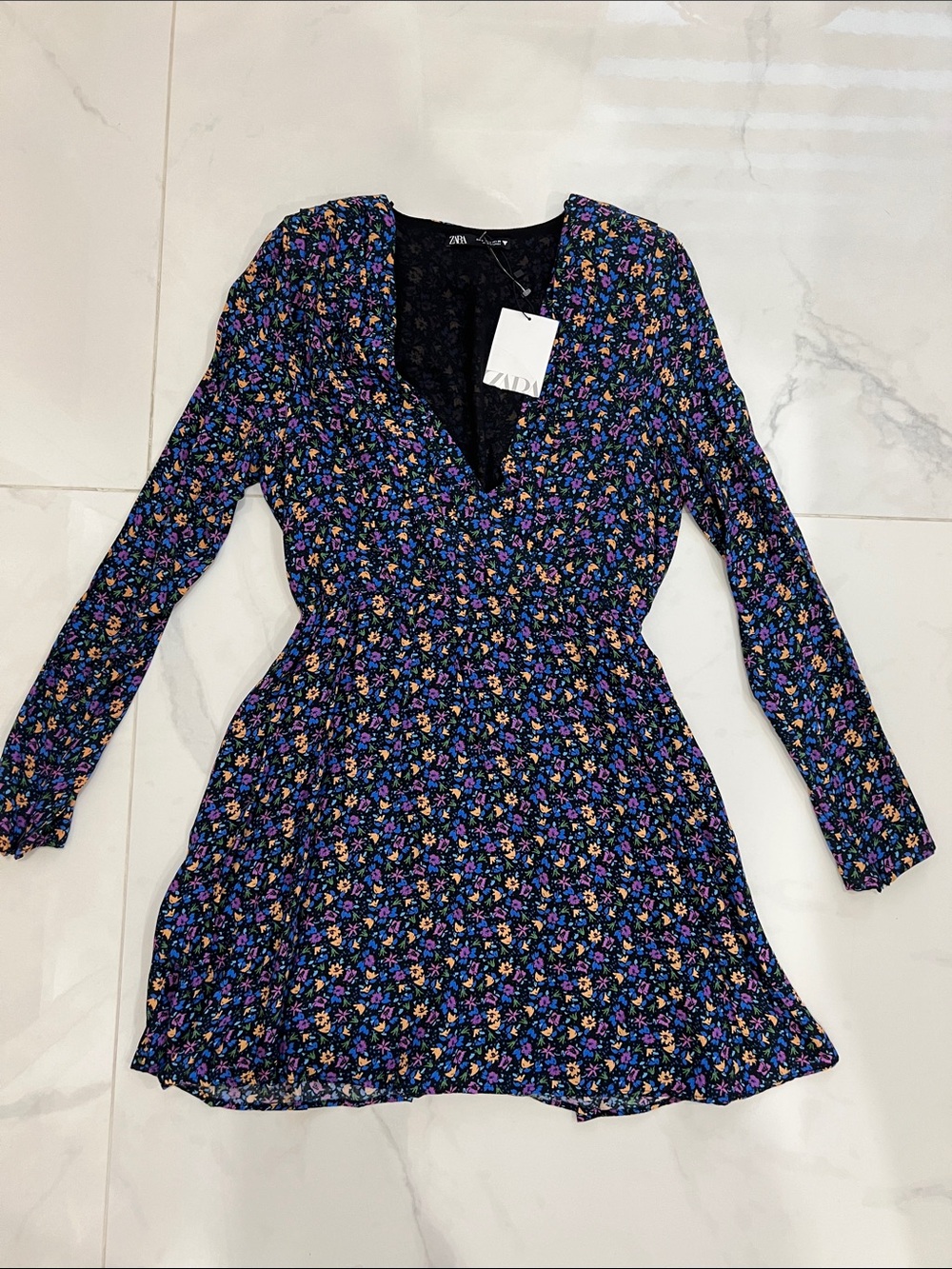 ZARA Black Floral Long-Sleeve V-Neck Mini Dress